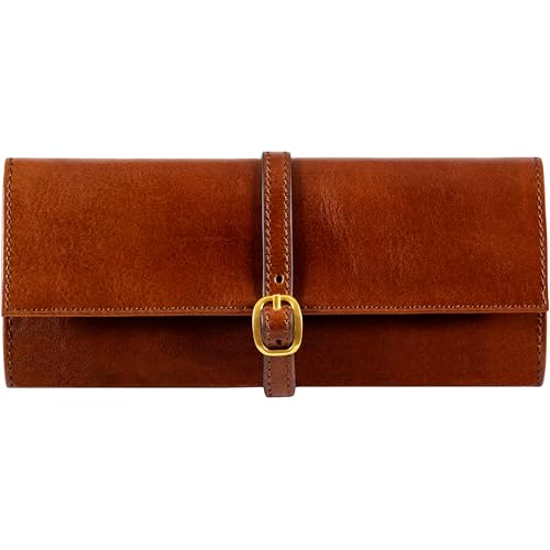 Time Resistance Leather Jewelry Roll - Full Grain Leather Travel Jewelry Case - Jewellery Organizer Made in Italy (Cognac Brown) - color: Cognac