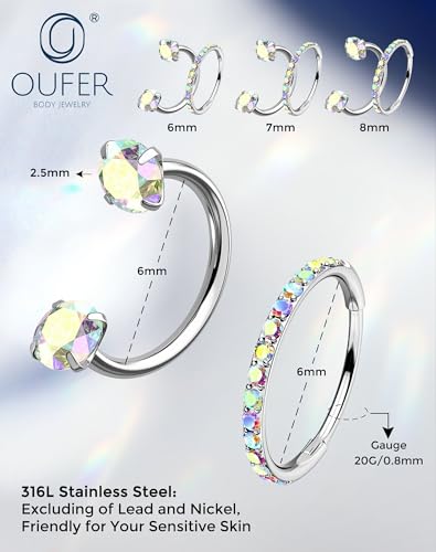OUFER 2PCS Nose Rings Hoops, 20g Double Gem Horseshoe Threadless Nose Rings for Women, Septum Clicker Daith Tragus Helix Rook Eyebrow Lip Piercing Jewelry - color: Silver AB CZ
