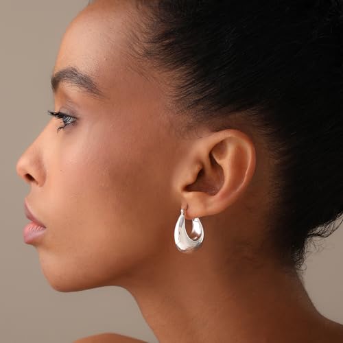 LeCalla Sterling Silver Hoop Earrings for Women | Lightweight Silver Chunky Hoop Earrings | Handmade Electroform Hollow Italian Design Click-Top Earrings Hoop - color: Chunky Thick Oval