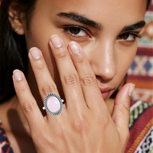 Retro Sterling Silver Stone Ring,Antique Natural Real Oval Crystal Quartz Gemstone Boho Bohemian Ring Jewelry for Women - color: A19_Pink Agate