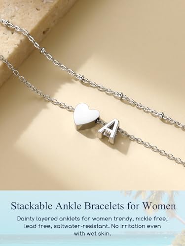 Suplight Initial Ankle Bracelets for Women 14K Gold Plate Waterproof No Tarnish Anklets Layered Heart Letter Anklet Adjustable Plus Size Foot Chain Summer Beach Boho Jewelry Silver Black 8.5-10 Inch - color: Silver, style: 1.A