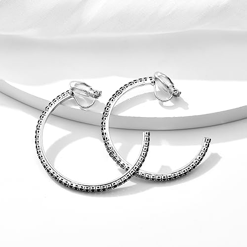 YOQUCOL 4.3CM(1.7in) Clip On Hoop Earrings Cubic Zirconia Non Pierced Ears Hoops for Women - color: Silver-Black