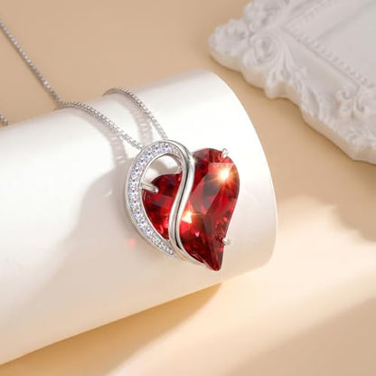 Crystal Heart Necklace for Women - Quietrose Faceted Crystal Heart Pendant with Sparkle Accents, Silver-Tone Curved Frame, 0.85" x 0.73", 18+2" Adjustable Chain, Elegant Gift for Her - color: True Red - Passion's Kiss