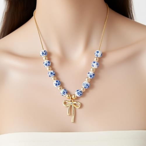 3PCS Bow Beaded Jewelry Set for Women Vintage Handmade Flower Blue And White Porcelain Enamel Ribbon Necklace Bracelet and Earrings Bow Christmas Birthday Holiday Charm Romantic Jewelry Gifts - style: Blue