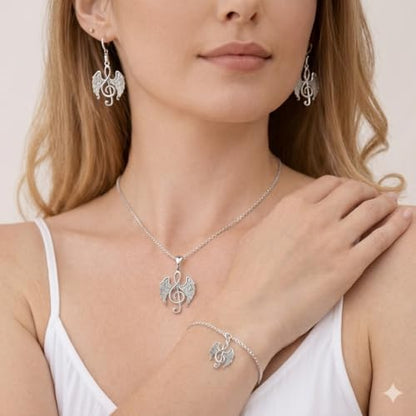 SUPAC Musical Note Jewelry Set, 4-Piece Silver Treble Clef Design, Necklace Bracelet Earrings Keychain - color: Silver/Rose Gold
