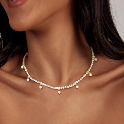 Luxval Tennis Necklace 14K Gold Plated Rhinestone Butterfly Choker Necklaces for women Dainty Zirconia Cut Faux Diamond chain 3mm - color: Gold-Pearl dangle tennis
