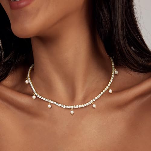 Luxval Tennis Necklace 14K Gold Plated Rhinestone Butterfly Choker Necklaces for women Dainty Zirconia Cut Faux Diamond chain 3mm - color: Gold-Pearl dangle tennis
