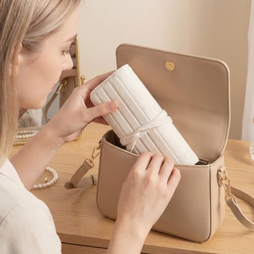 Tondiamo 1 Pcs Velvet Jewelry Roll Luxury Travel Jewelry Case for Ring Necklace Earring Bracelet Storage Bag Women Bridesmaid Gift (Cream White) - color: Cream White