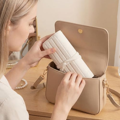 Tondiamo 1 Pcs Velvet Jewelry Roll Luxury Travel Jewelry Case for Ring Necklace Earring Bracelet Storage Bag Women Bridesmaid Gift (Cream White) - color: Cream White