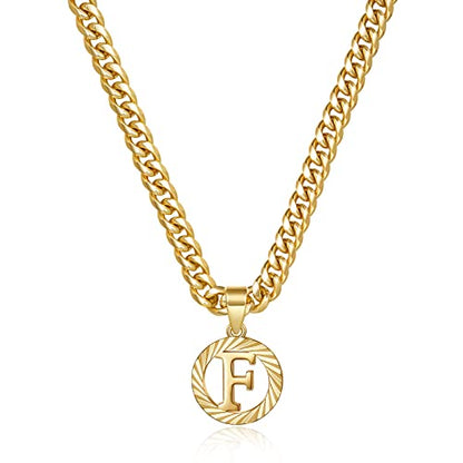 KissYan Initial Pendant Necklaces for Women Men | 14K Gold Filled/White Gold Plated, Hollow Round Letter Capital Monogram Charm with 5mm Cuban Chain, Alphabets from A-Z - color: Gold, style: F
