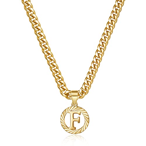 KissYan Initial Pendant Necklaces for Women Men | 14K Gold Filled/White Gold Plated, Hollow Round Letter Capital Monogram Charm with 5mm Cuban Chain, Alphabets from A-Z - color: Gold, style: F