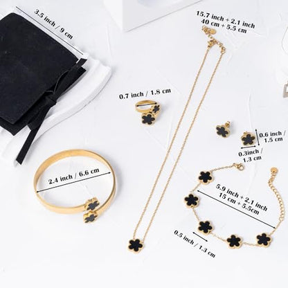 Lucky Flower Alloy Jewelry, Lucky Flower Design Necklace Earrings Bracelet Bangle Ring Jewelry Set, Clover Gold Plated Chain Wrap Ornament & Plush Pouch for Women - color: Black