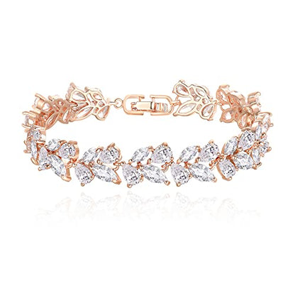 Crysdue Marquise Teardrop Cubic Zirconia Wedding Bridal & Prom Tennis Bracelets for Brides Bridesmaids, Silver/Gold/Rose Gold Plated Bracelet Gifts for Women - style: B_Rose Gold Tone 7.3-8.6"