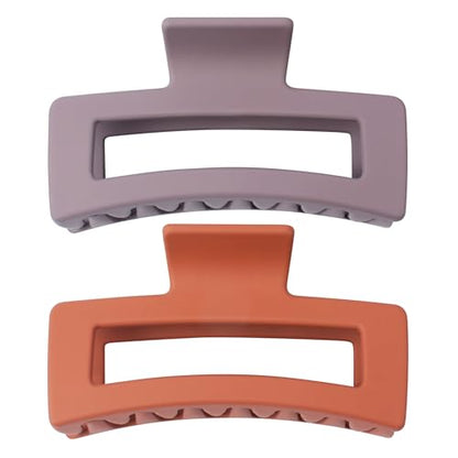 XXL Jumbo Rectangle Claw Clips for Thick Hair - Strong Hold Hair Clips | Rectangle Design | Matte Finish | Non Slip | Wide Opening | 2 Pack (Purple & Orange) - color: Purple & Orange