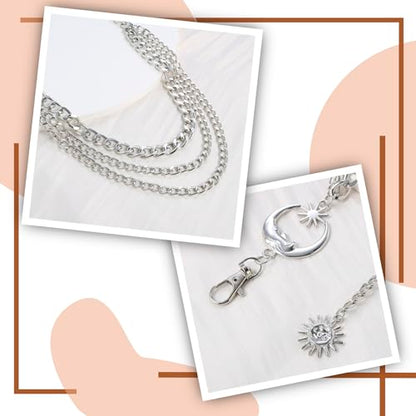3 Layered Metal Waist Chain Belt for Women Moon & Sun Belly Belt Body Chain Jewelry for Dress Jeans - color: 01 Silver