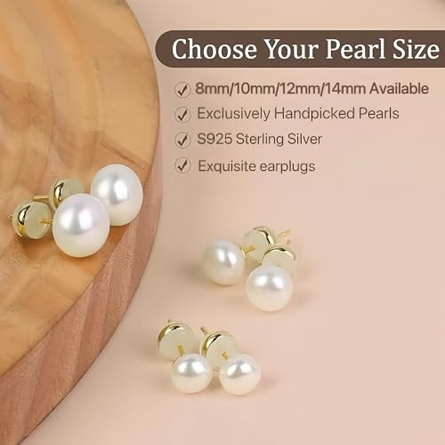 Natural Freshwater Cultured Pearl Stud Earrings, AAAA+Handpicked, Sterling Silver 18K Gold Plated Hypoallergenic Earring Studs Jewelry For Women - color: Pink light, size: 14mm