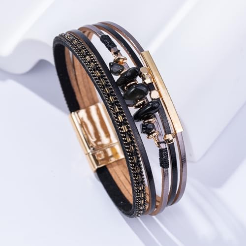 Boho Gemstone Beaded Leather Wrap Bracelets Stackable Chunky Cuff Bracelet Western Jewelry Cowboy Chic Country Concert Outfits for Women - color: Black