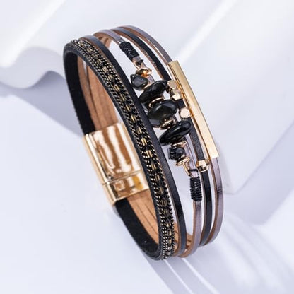Boho Gemstone Beaded Leather Wrap Bracelets Stackable Chunky Cuff Bracelet Western Jewelry Cowboy Chic Country Concert Outfits for Women - color: Black