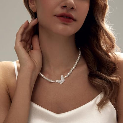 Zeffy Pearl Necklace 4MM/6MM/8MM Dainty Round Imitation Pearl Choker Necklace Wedding Pearl Necklace Delicate Jewelry for Women Simple Bridesmaid Jewelry Gifts - style: 6mm Silver Butterfly Pearl Necklace(18"+2")