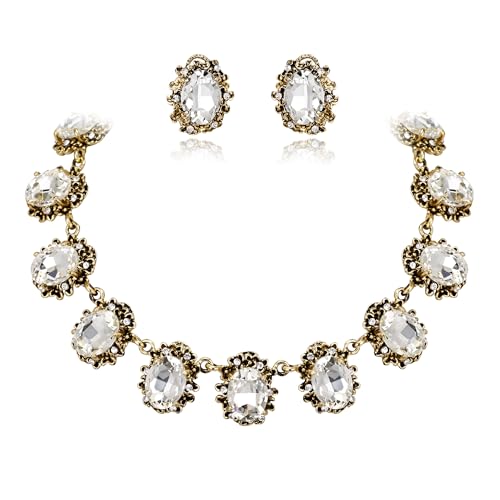 BriLove Victorian Style Statement Necklace Pierced Earrings Jewelry Set for Women Crystal Floral Cameo Inspired Oval Jewellery for Party Prom - color: Clear Antique-Gold-Plated-Base