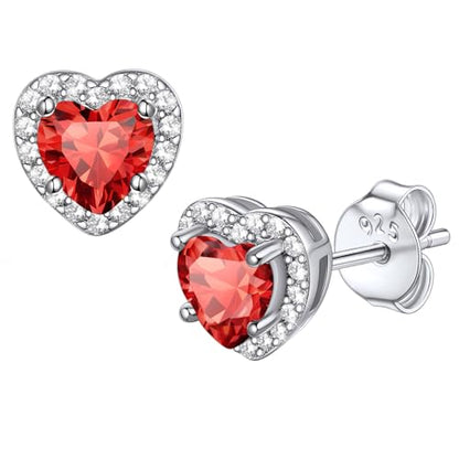 Bestyle 8mm Small Birthstone Earrings for Women with Hypoallergenic Sterling Silver Post,Sparkle Heart/Round Womens Studs Earrings, Great Birthday/Christmas/Anniversary Jewelry for Wife Mother - color: 07. July Ruby-Heart