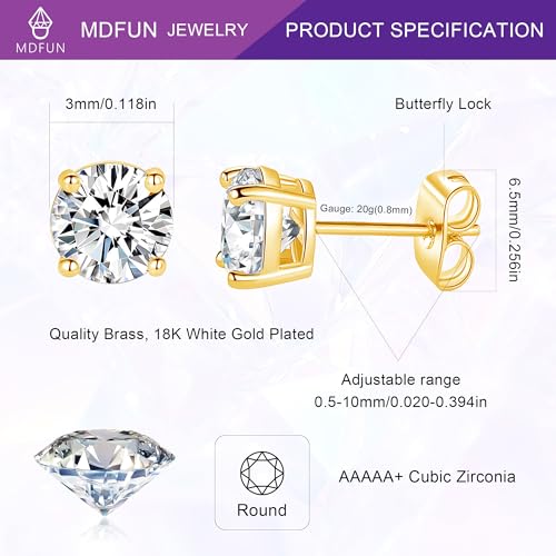 18K White/Yellow Gold Plated Stud Earrings for Men Women 4 Prong Graduated Round Clear Cubic Zirconia Hypoallergenic Earrings Set 3-8MM - color: Yellow Gold Plated, size: 3MM