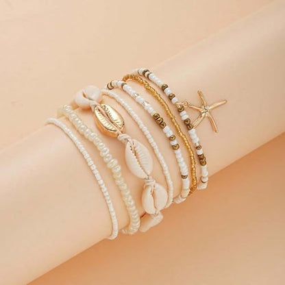 Qceasiy Shell Ankle Bracelets for Women, Boho Beaded Beach Anklet Set | Seashell, Heart, Starfish and Conch Styles, Gold-Tone, Stretch or Adjustable Fit, Layered Beach Vacation Jewelry Gifts - color: White 1