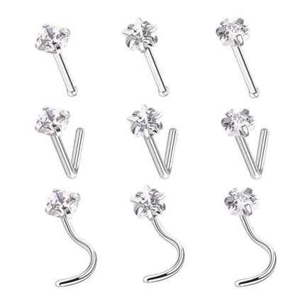 9PCS 20g Stainless Steel 316L Nose Studs Set | Hypoallergenic L-Shaped Screw & Bone Nose Rings, Round Heart Star Pink Cubic Zirconia Nose Piercing Jewelry for Women Men - style: studs002