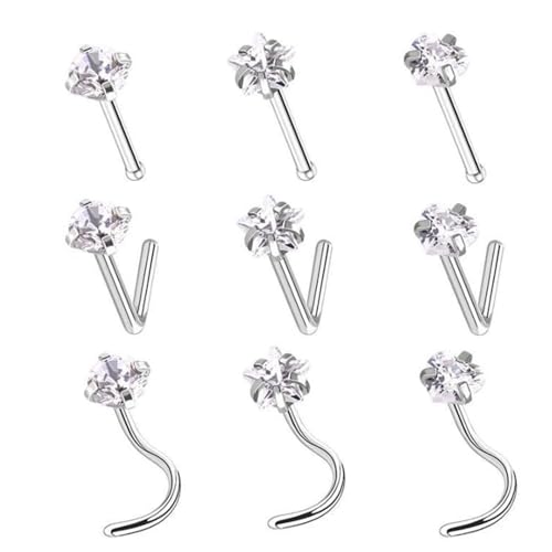 9PCS 20g Stainless Steel 316L Nose Studs Set | Hypoallergenic L-Shaped Screw & Bone Nose Rings, Round Heart Star Pink Cubic Zirconia Nose Piercing Jewelry for Women Men - style: studs002