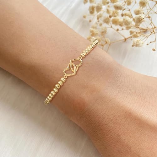 Beaded Bracelets for Women 14K Silver Gold Plated Stretch Handmade Ball Bracelets Cute Charm Bracelet Dainty Stackable Cross Heart Bow Wave CZ Circle Trendy Jewelry Easter Gifts - color: double-heart