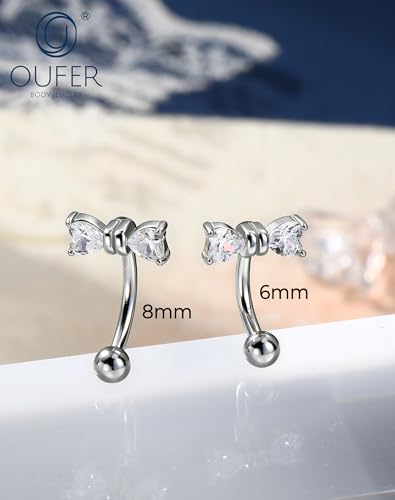 OUFER 16G Rook Earring Piercing Jewelry-316L Surgical Steel Pink Clear CZ Bow Eyebrow Rings, 6/8MM Curved Barbell Vertical Labret Lip Piercing Jewelry - color: Silver