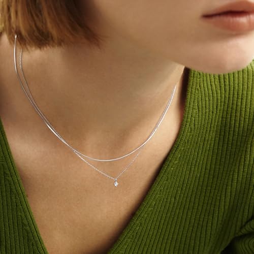 Layered Choker Necklace for Women Stackable Chain Dainty Zircon Pendant Set | 2PCS, Silver/14K Gold Plated, Box/Ball/Rope/Lip chain, Layering Diamond Cut CZ Pendant, Dainty Thin Chain, Trendy Prom Gift - color: Silver, style: Style 02