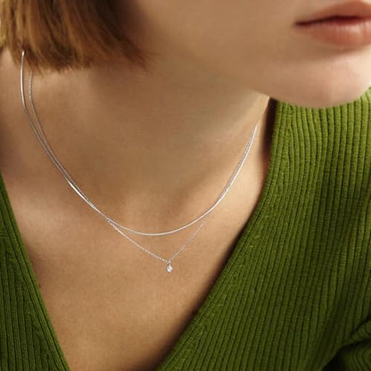 Layered Choker Necklace for Women Stackable Chain Dainty Zircon Pendant Set | 2PCS, Silver/14K Gold Plated, Box/Ball/Rope/Lip chain, Layering Diamond Cut CZ Pendant, Dainty Thin Chain, Trendy Prom Gift - color: Silver, style: Style 02