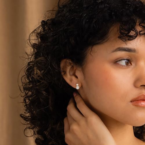 WFYOU Pearl Earrings for Women 925 Sterling Silver Stud Earring | 14K Gold Plated Hypoallergenic Stud Earrings, White Diamond Dainty Bridal Earring, Trendy Jewelry, Wedding Party Gifts - color: Gold B, size: 6mm