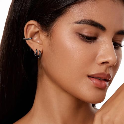 micuco 3 Pairs Small Gold Hoop Huggie Earrings Set for Women Men Tendy | 14K Gold Plated Small Huggie Hoop Earrings for Men, Tiny Cartilage Hypoallergenic Earring Set - style: T# SCZ Black 8-8-8mm
