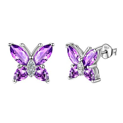Butterfly Birthstone Stud Earrings - Women 925 Sterling Silver Butterflies Birthstone Stud Earrings Birthday Gift for Women - color: B.February