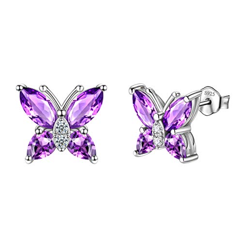 Butterfly Birthstone Stud Earrings - Women 925 Sterling Silver Butterflies Birthstone Stud Earrings Birthday Gift for Women - color: B.February