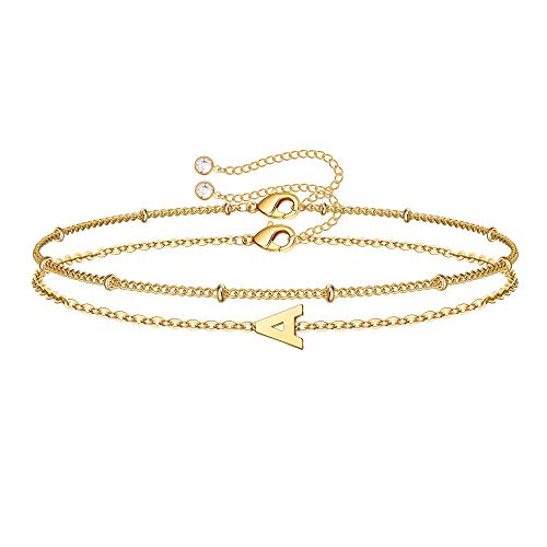 M MOOHAM Valentines Day Gifts for Her Women - Layered Initial Bracelets Gift Letter A-Z Charm, Dainty 14K Gold Plated Initial Bracelets for Women Teen Girls Birthday Jewelry Gifts - color: A