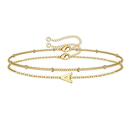 M MOOHAM Valentines Day Gifts for Her Women - Layered Initial Bracelets Gift Letter A-Z Charm, Dainty 14K Gold Plated Initial Bracelets for Women Teen Girls Birthday Jewelry Gifts - color: A