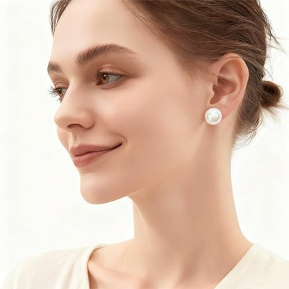 White Faux Pearl Stud Earrings, S925 Silver Posts Hypoallergenic for Women - color: Pinkish White, size: 14mm