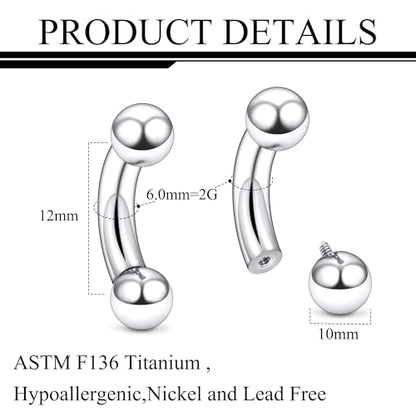 Ruifan 20g 18g 16g 14g 12g 8g 6g 4g 2g Rook Piercing Jewelry Titanium Internally Threaded Curved Barbell Eyebrow PA Tragus Helix Conch Lobe Earrings Lip Rings Body Piercing Jewelry For Women Men - size: 2G - 12mm Ball