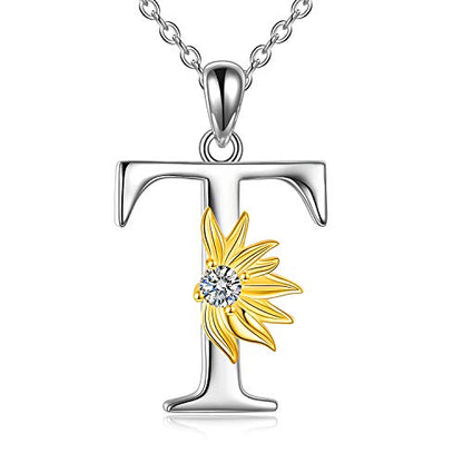 POPLYKE Initial Sunflower Necklace for Women 925 Sterling Sliver Sunflower Pendant Necklace Letter Initial Pendant Chain - style: Sunflower T