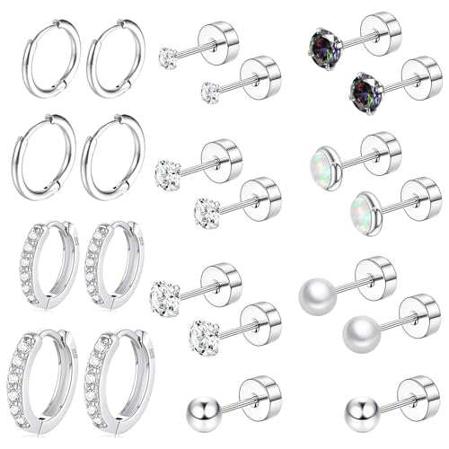 Surgical Steel Flat Back Earrings Set for Multiple Piercing Sensitive Ears,Sterling Silver Hypoallergenic Small Cartilage Huggie Hoop Earrings Titanium Tiny CZ Pearl Opal Stud Earrings for Women - color: Silver