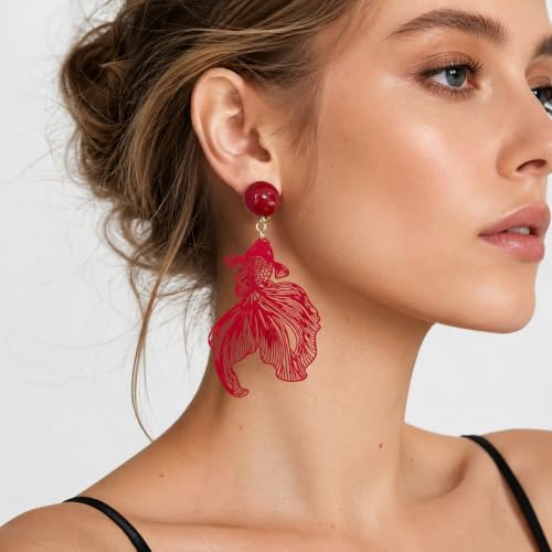 Red Koi Fish Clip On Earrings, Metal and Acrylic Statement Dangle Earrings for Women Festival Party Jewelry