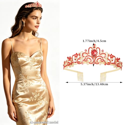 Gold Red Princess Crown Rhinestone Tiara for Bridal Pageant Crown with Hair Combs - color: Red