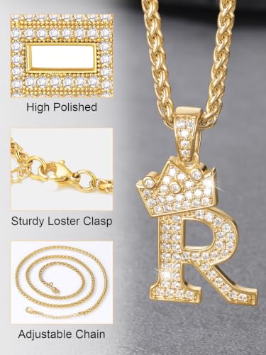 U7 Crown Initial Necklace Men Women, Bling Diamond A-Z 0-9 Letter Pendant with Wheat Chain, Silver/Black/Gold Plated CZ Alphabet Number Hip Hop Jersery for Father Husband - color: a. Gold, size: 26. Z