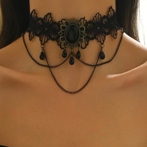 Gothic Lace Choker Necklace for Women, Pearl Sexy Tassel Adjustable Choker Necklace, Boho Halloween Jewelry for Festival Party Cosplay Costume Gifts - color: black Layered Chain Pendant