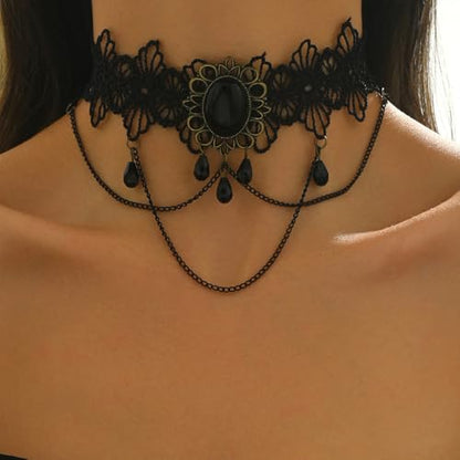 Gothic Lace Choker Necklace for Women, Pearl Sexy Tassel Adjustable Choker Necklace, Boho Halloween Jewelry for Festival Party Cosplay Costume Gifts - color: black Layered Chain Pendant