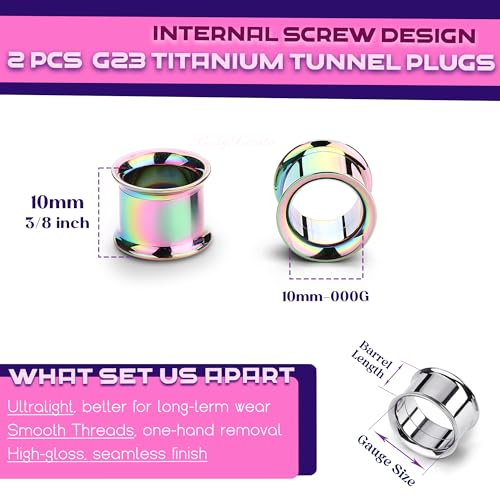 2Pcs G23 Titanium Double Flared Earrings Internally Threaded Gauges for Ears Weights Eyelet Tunnel Plug Stretching Kit From 3mm to 25mm Women Men - color: Rainbow, size: 10mm-000G