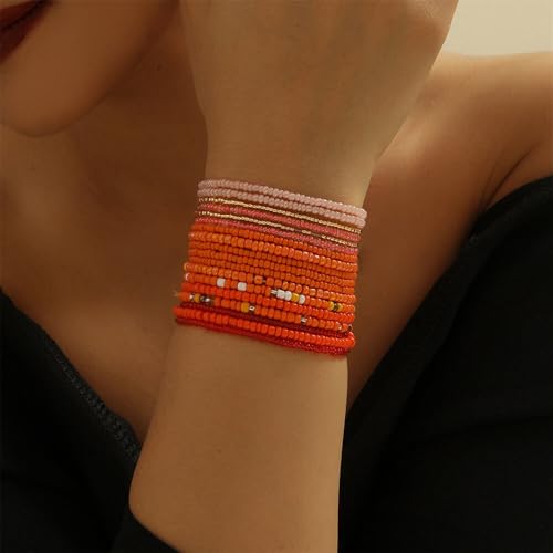 Boho Stackable Seed Beaded Bracelets for Women 18-20Pcs Colorful Handmade Multilayered Rice Bead Bracelet Set Summer Beach Bohemian Jewelry Gift - color: B-Orange(larger)